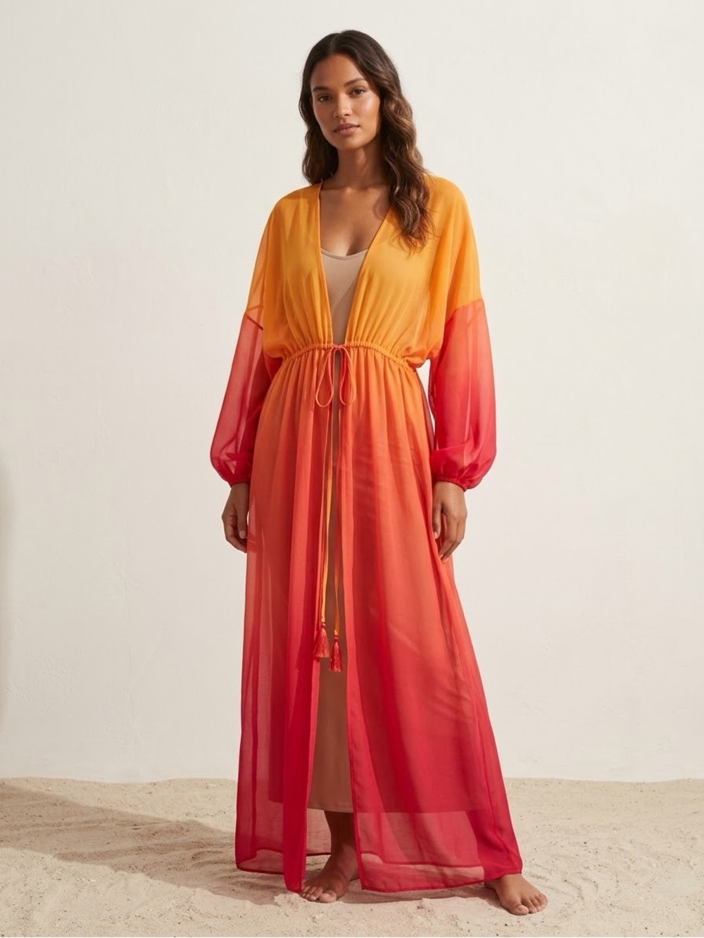 Sunset Ombre Sheer Swim Maxi Bathing Suit Cover-Up - Yellow to Red